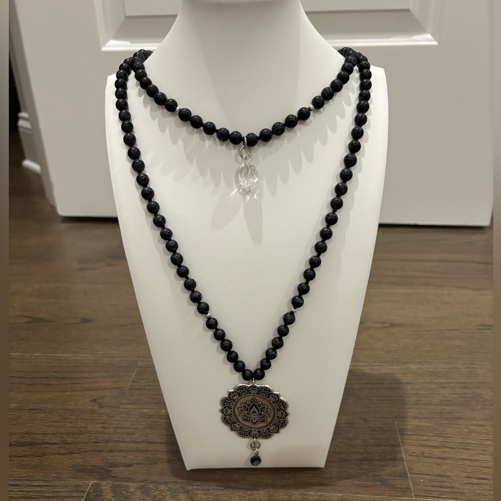 Chic Black Beaded Necklace with Silver Medallion